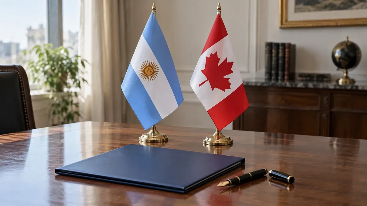 Banderas de Argentina y Canadá junto a una carpeta y una pluma sobre un escritorio