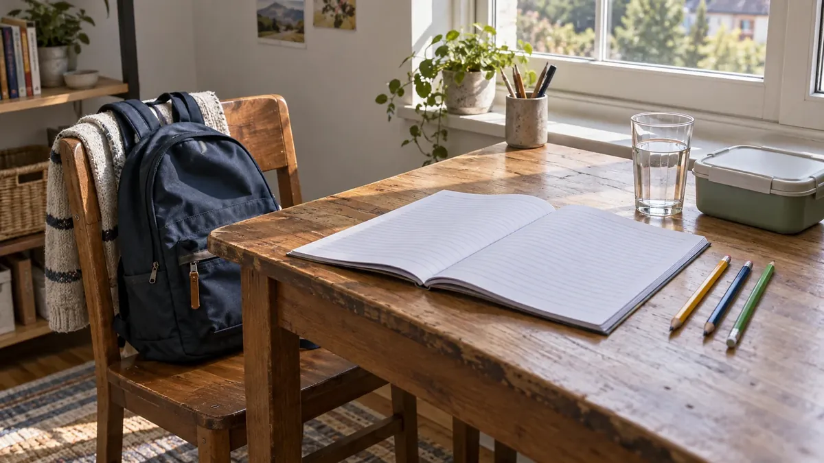 Cuaderno, lápices y mochila junto a una vianda y un vaso de agua en una mesa de estudio