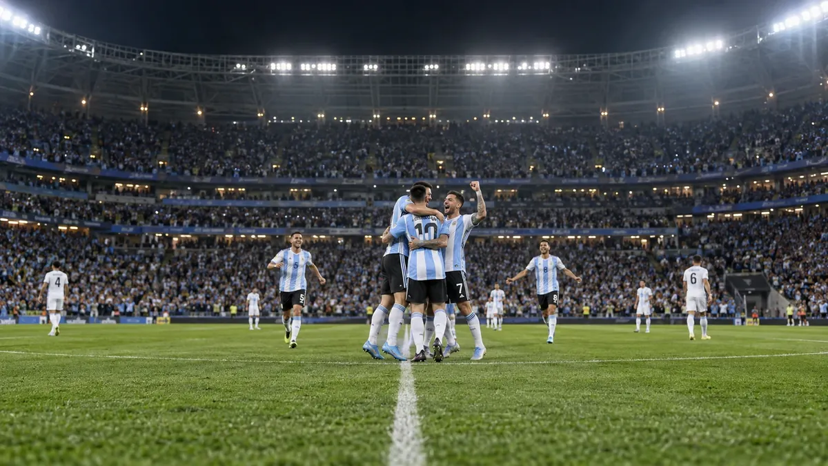 Futbolistas con camisetas celestes y blancas celebran en un estadio nocturno