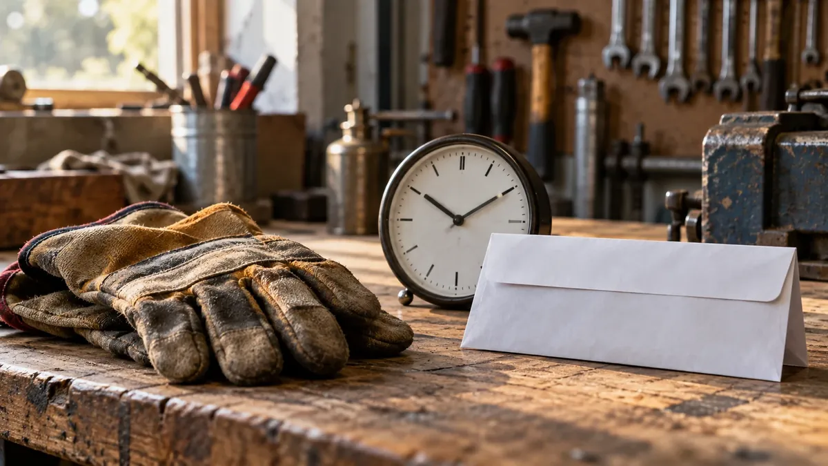 Guantes de trabajo, reloj y sobre sobre un banco de taller