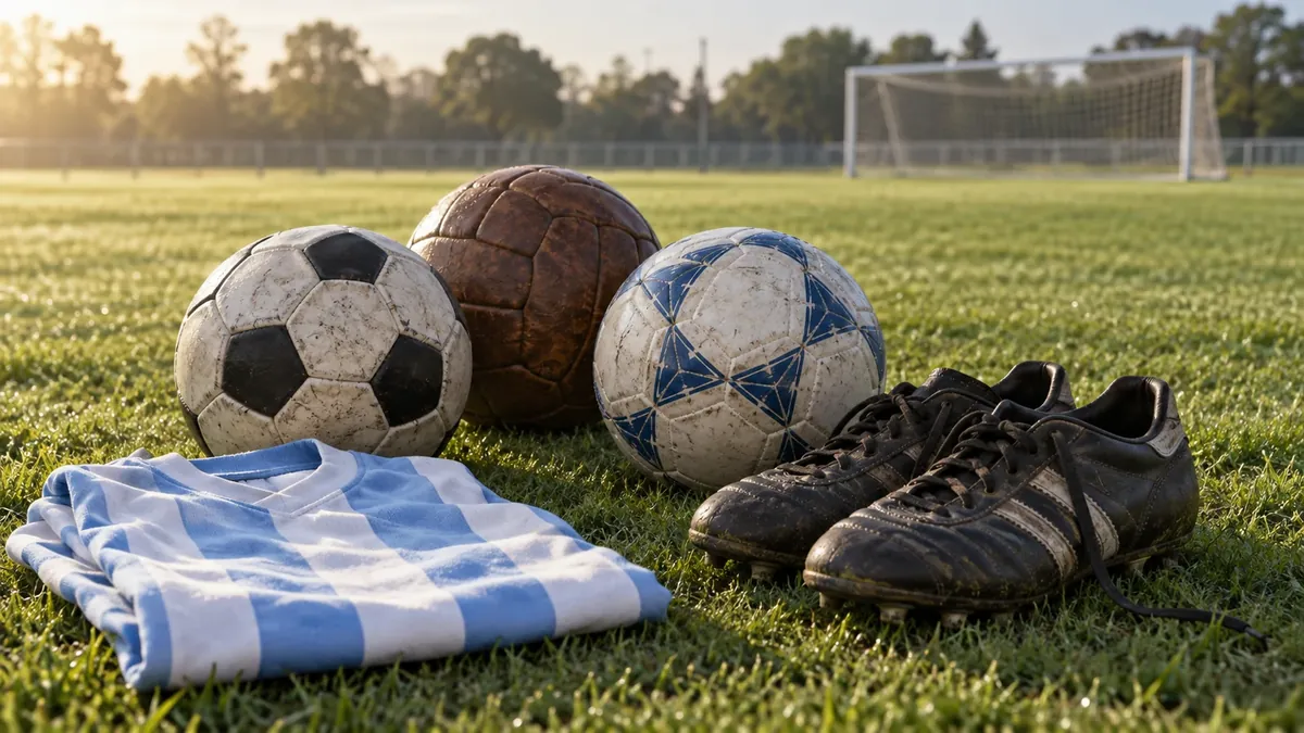 Tres pelotas, botines y una camiseta celeste y blanca sobre el césped