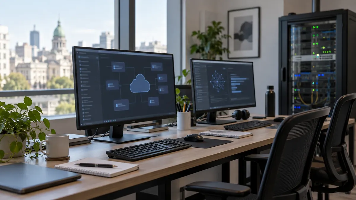 Puestos de trabajo informáticos junto a un gabinete de servidores