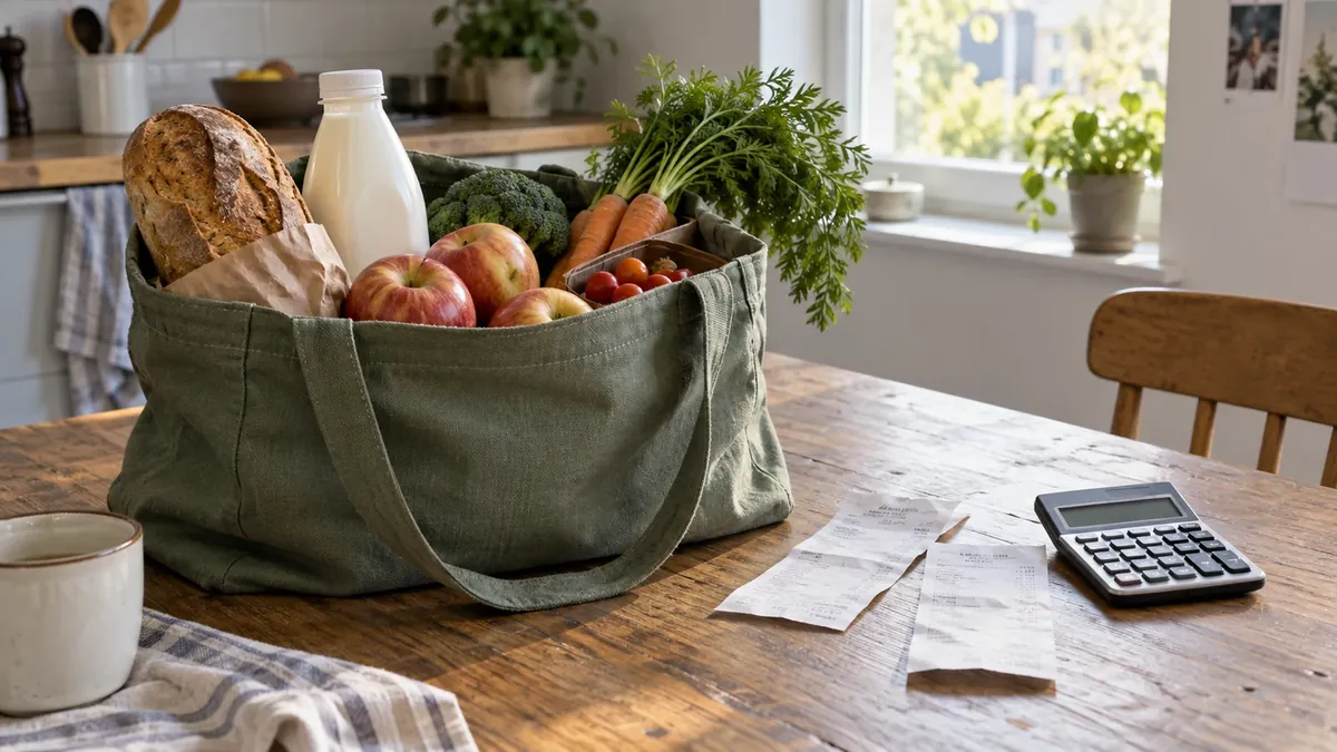 Bolsa de alimentos, comprobantes y calculadora sobre una mesa