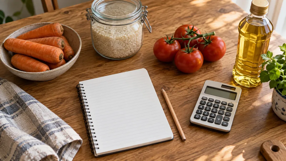 Alimentos y calculadora para ilustrar la comparación de precios