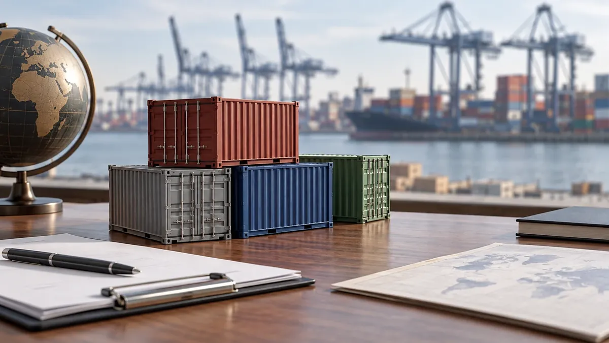 Contenedores en una representación conceptual del comercio internacional