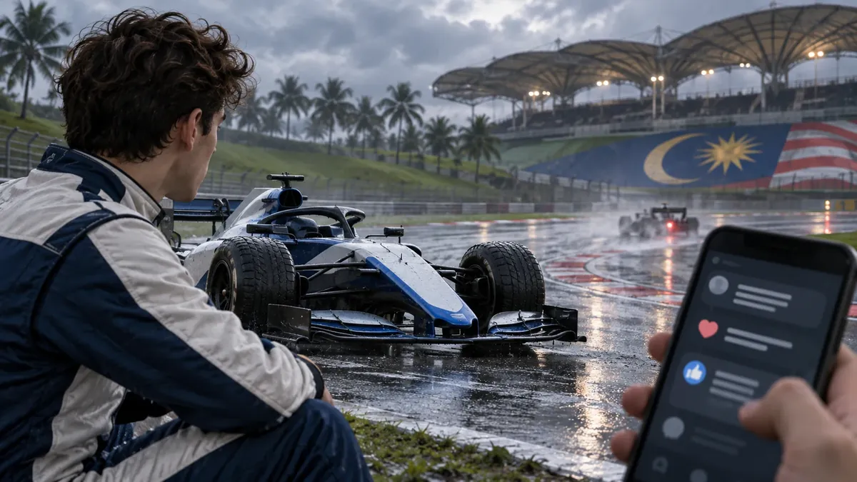 Ilustración editorial de un piloto junto a un monoplaza azul en la pista mojada de Sepang y reacciones en redes sociales