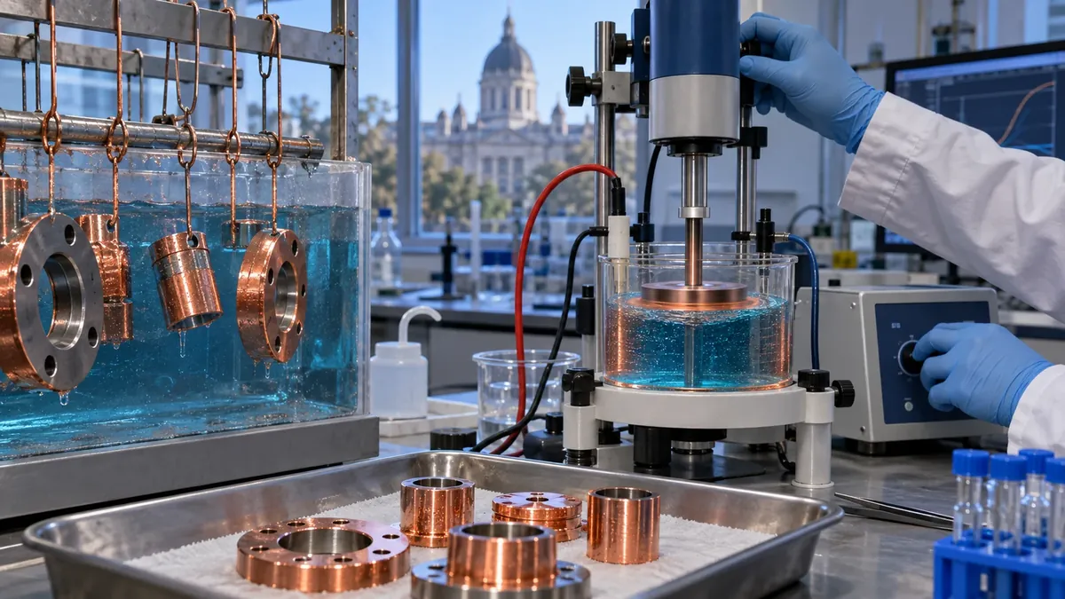Piezas metálicas con recubrimiento de cobre y un equipo electroquímico de laboratorio