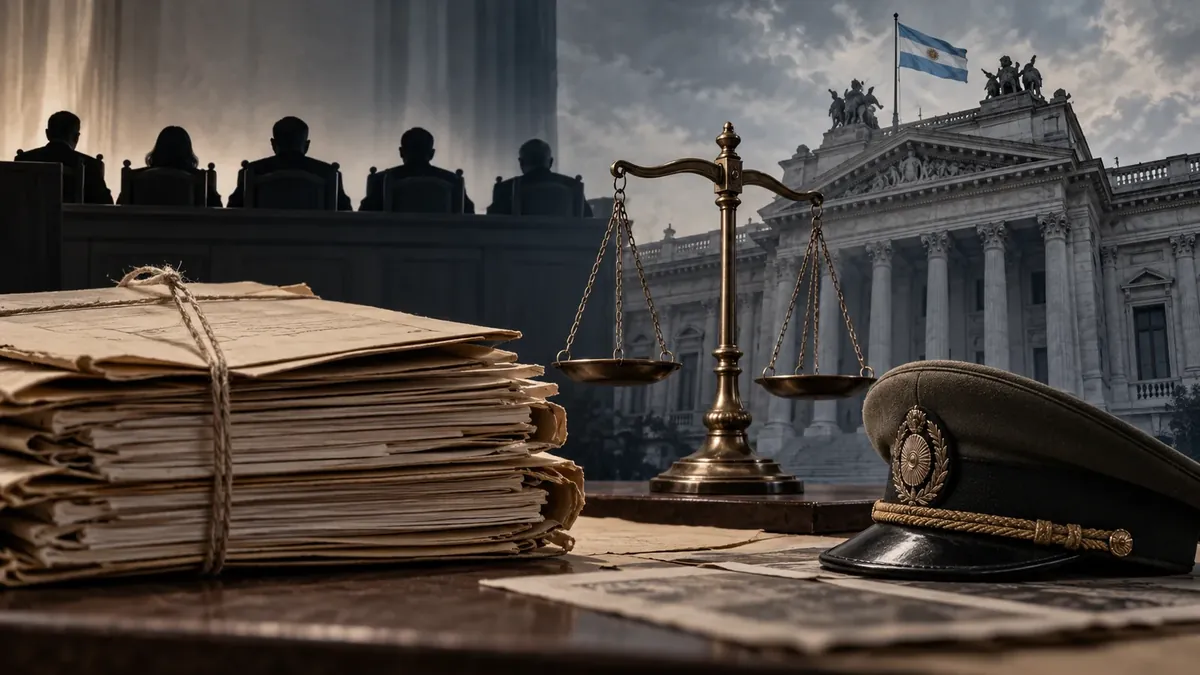 Ilustración de un expediente judicial, una balanza y un tribunal en una revisión de sentencia