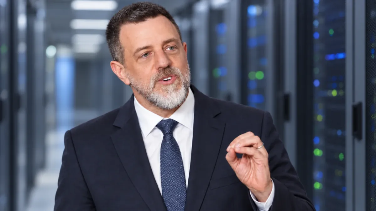Retrato de Diego Kravetz con un fondo recreado de centro de datos