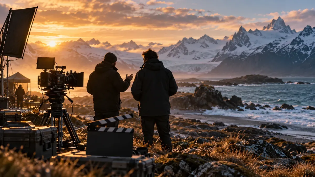 Ilustración editorial de un rodaje cinematográfico con cámara y claqueta frente a un paisaje austral
