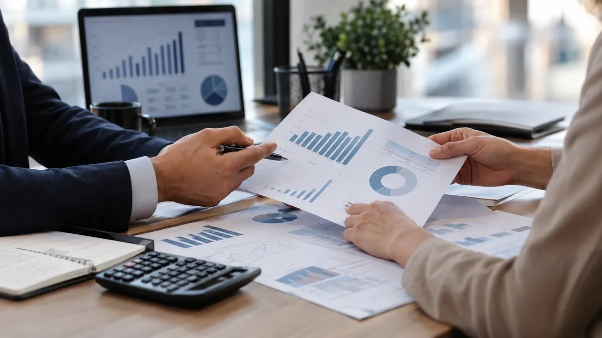 Dos analistas revisan gráficos financieros y documentación en una oficina