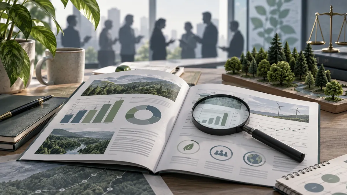 Informe de sustentabilidad bajo una lupa junto a gráficos, plantas y una representación de bosque