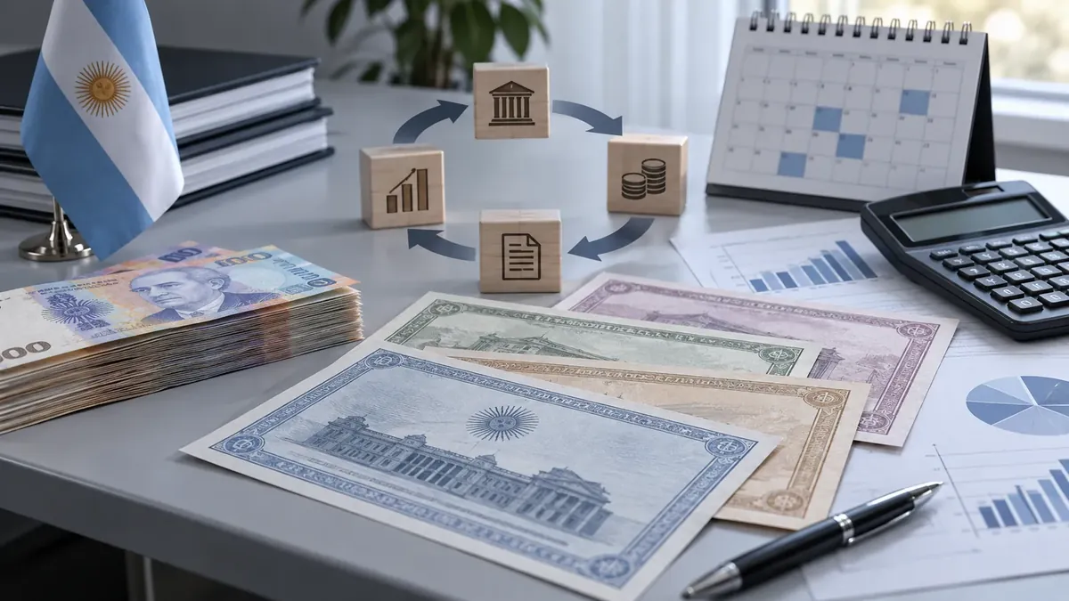 Ilustración financiera con billetes argentinos, una bandera y bloques que representan instrumentos del Tesoro