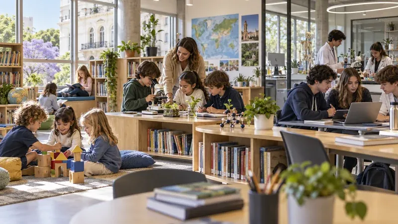 Estudiantes y docentes en espacios de nivel inicial, primario y secundario