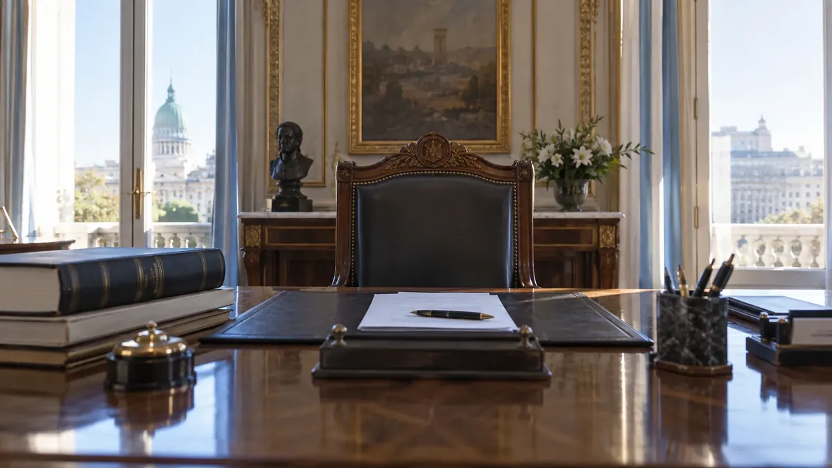 Ilustración de un despacho institucional vacío con un sillón, libros jurídicos y el Congreso al fondo