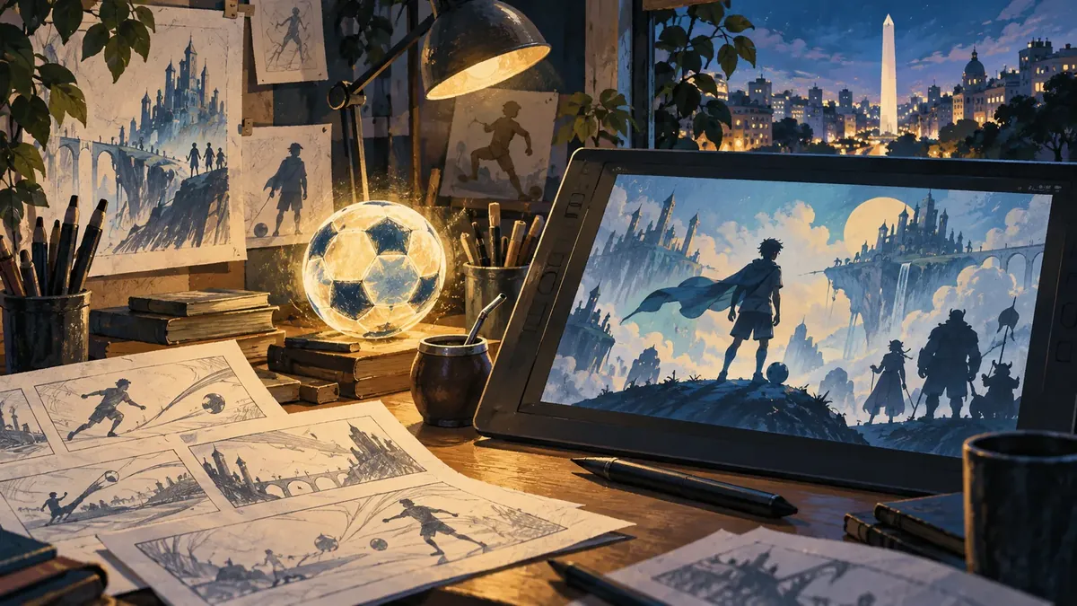 Ilustración conceptual de una mesa de animación con motivos de fútbol y fantasía