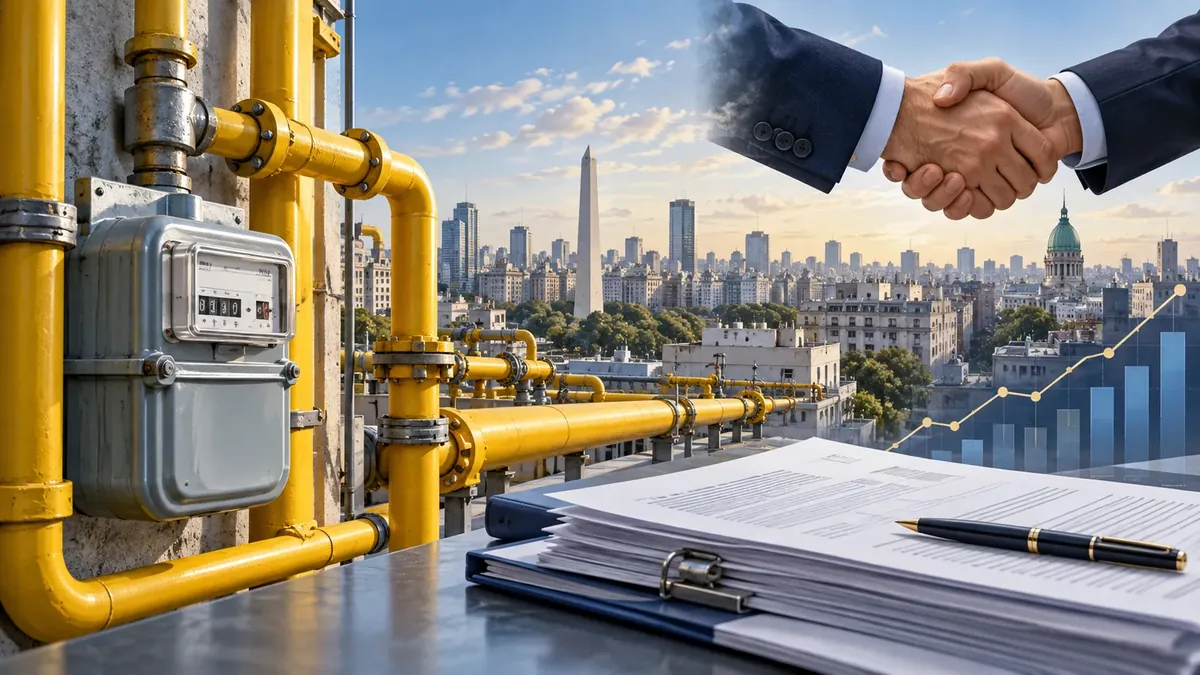 Ilustración de una red de gas, documentos regulatorios y un acuerdo empresarial en Buenos Aires