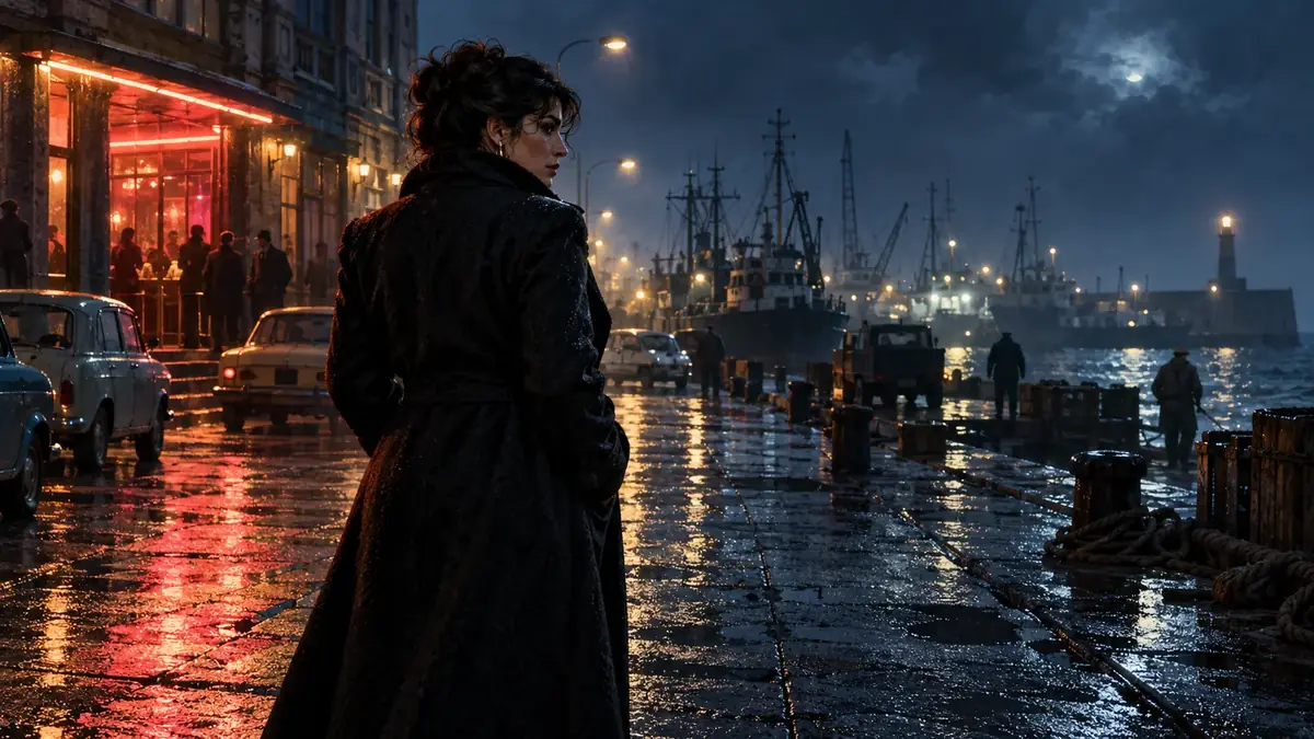 Ilustración nocturna del puerto de Mar del Plata en los años ochenta, con una mujer de espaldas bajo la lluvia