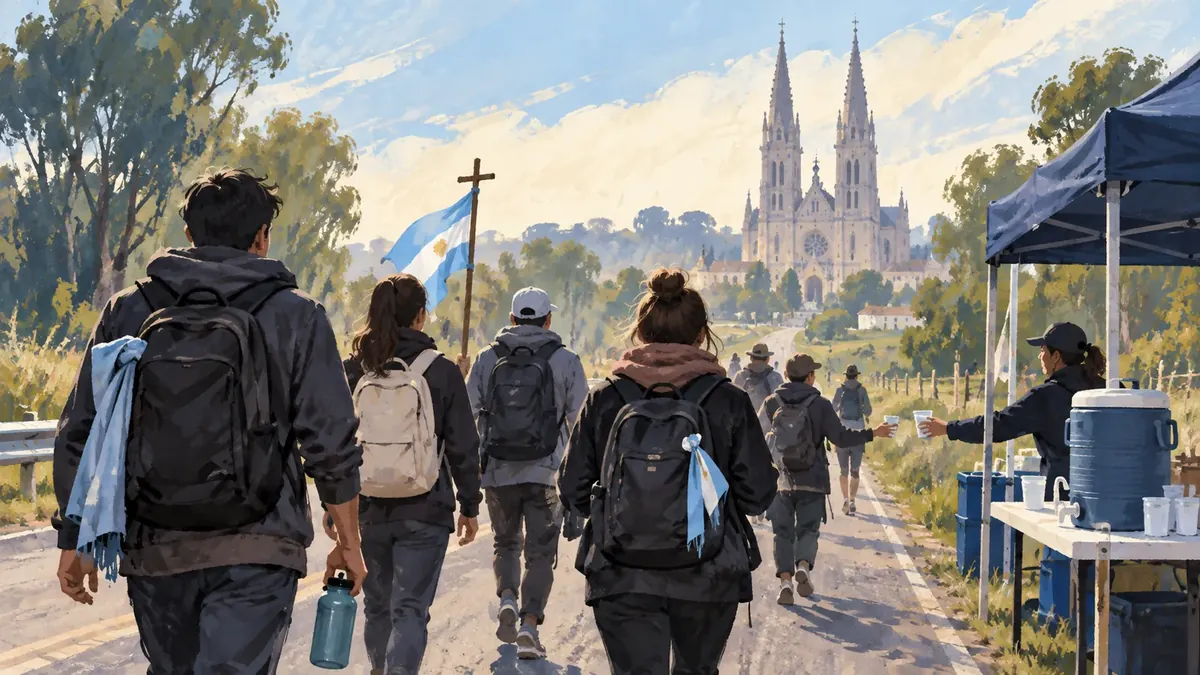 Ilustración conceptual de caminantes y un puesto de apoyo rumbo a Luján
