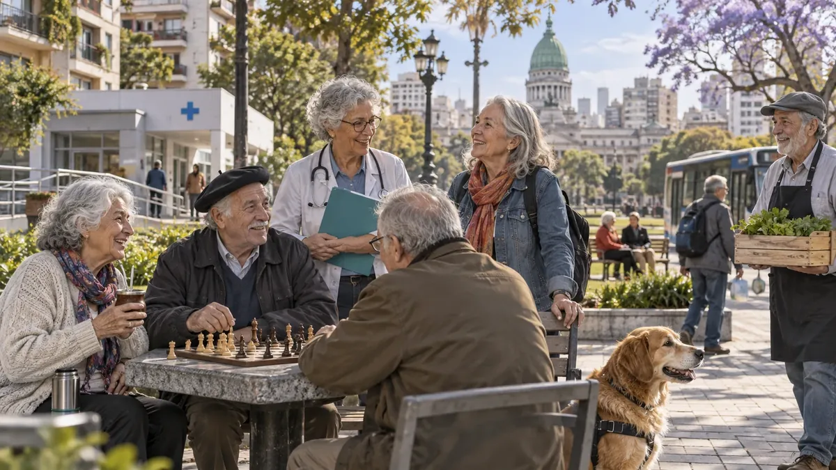 Personas mayores reunidas en un espacio público urbano de Argentina