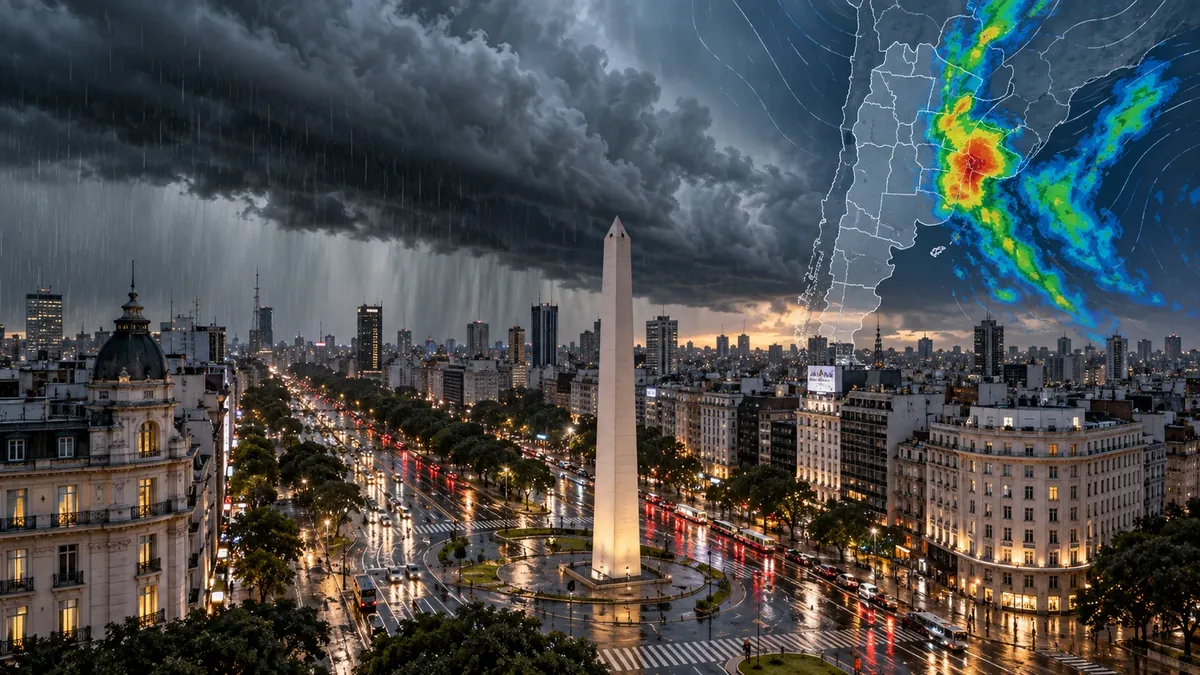 Ilustración editorial del Obelisco bajo una tormenta y un mapa meteorológico de la Argentina con núcleos de alerta
