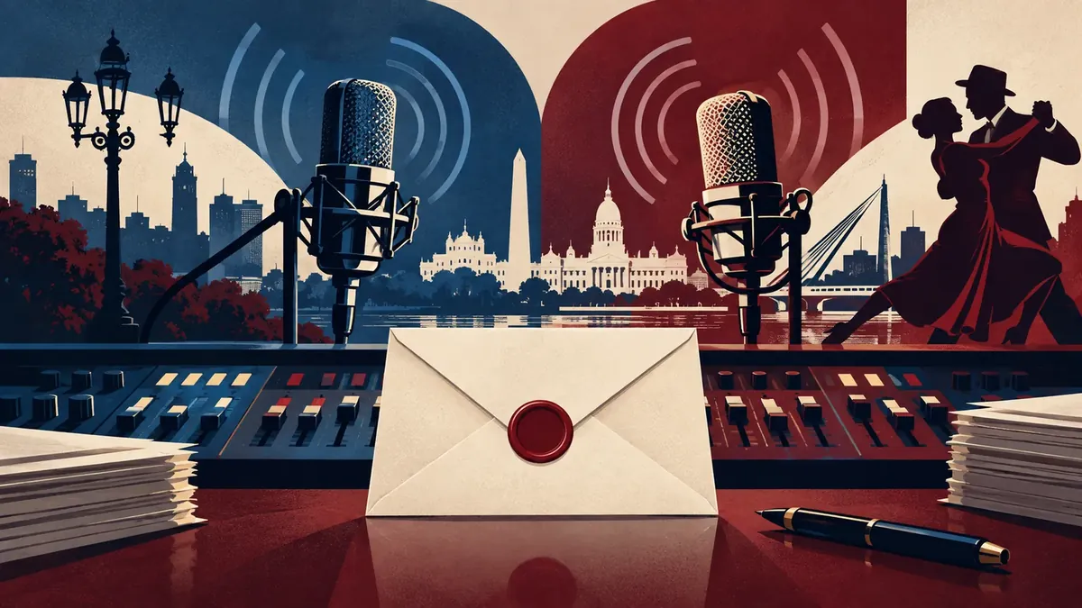 Ilustración de dos micrófonos, una consola y un sobre de oferta para radios porteñas