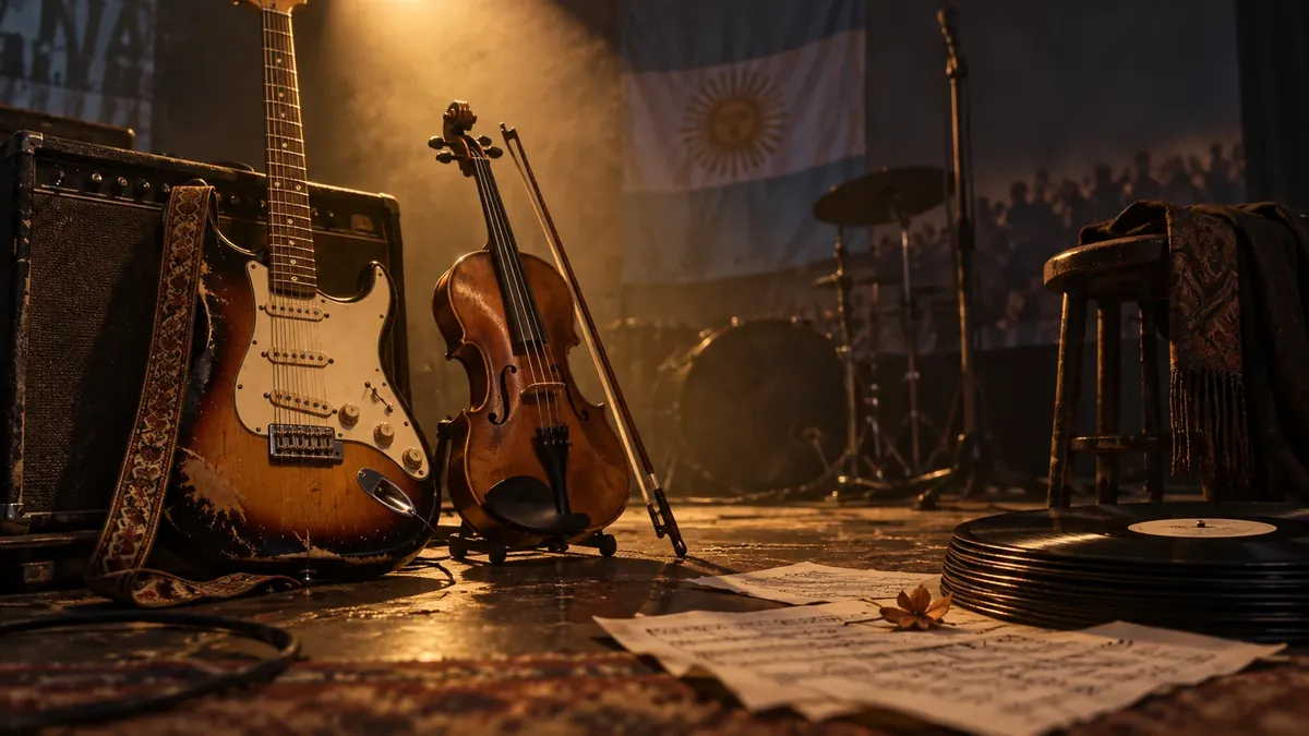 Guitarra eléctrica y violín bajo una luz de escenario junto a discos de vinilo