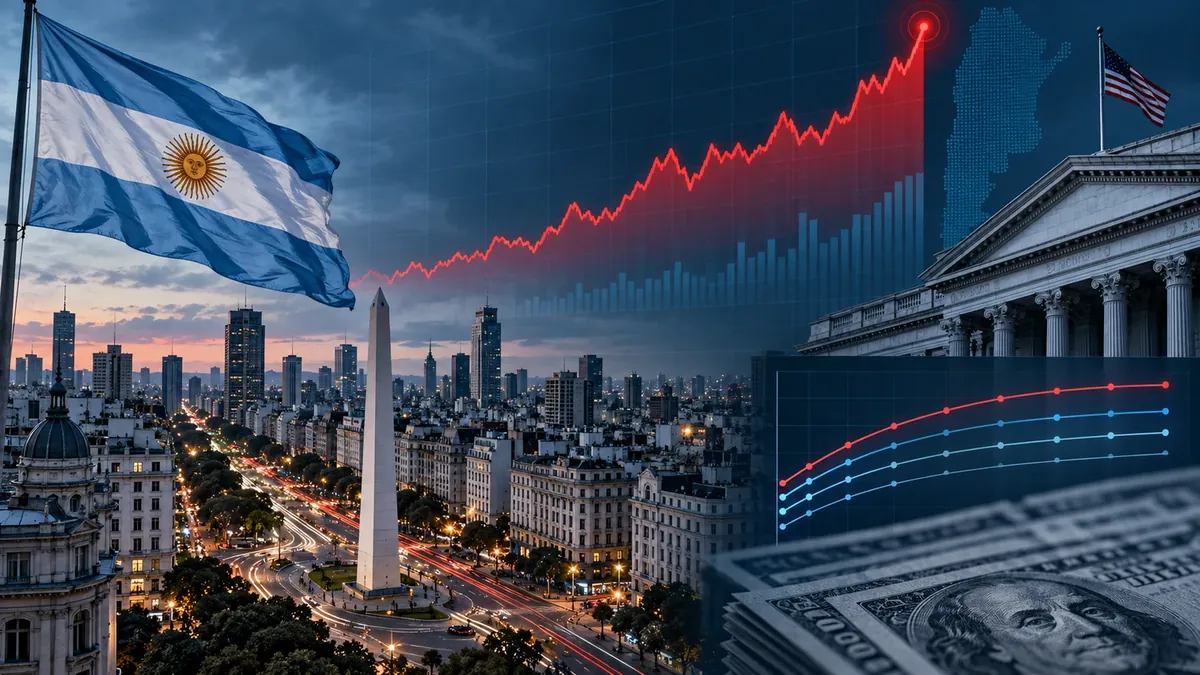 Gráfico financiero sobre bonos argentinos y tasas internacionales frente al perfil urbano de Buenos Aires