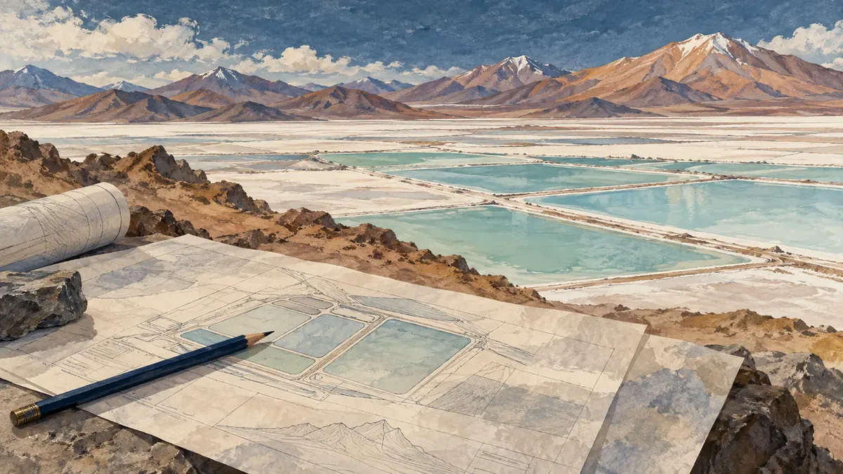Ilustración de planificación de un proyecto de litio en un paisaje andino