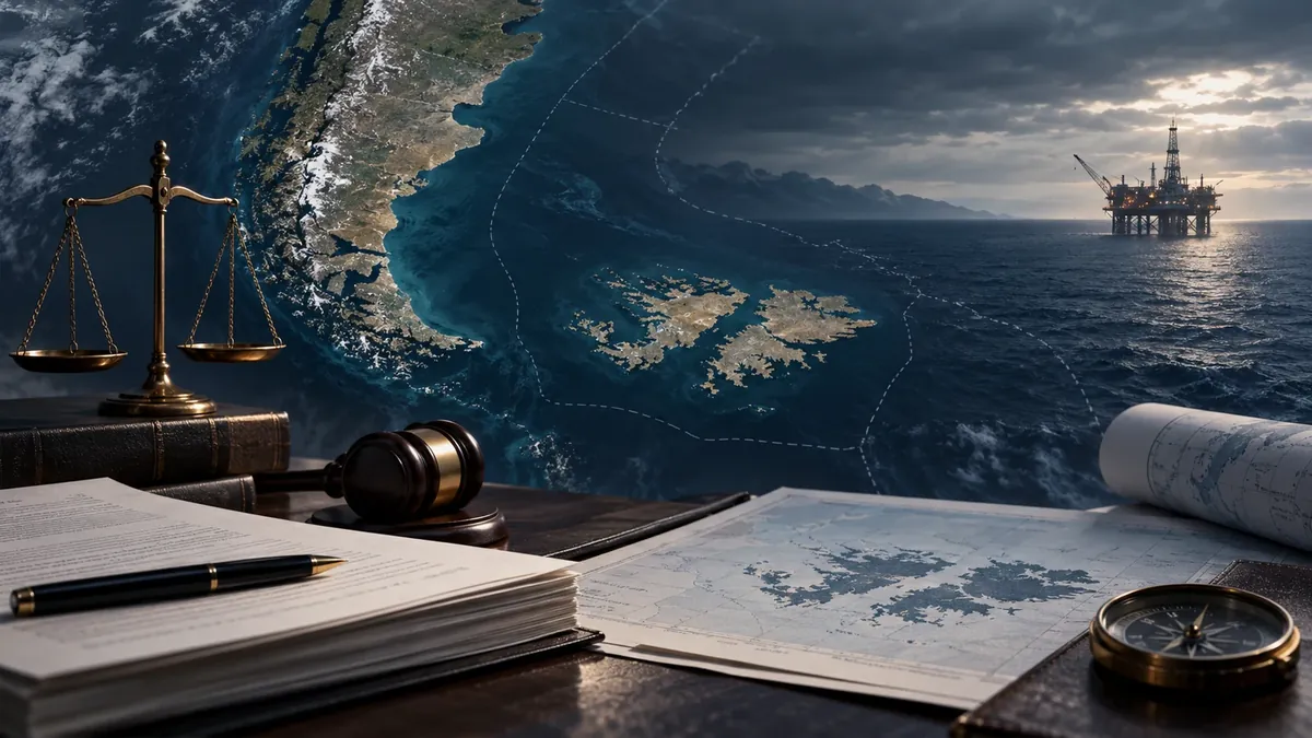 Ilustración editorial de las islas Malvinas, una plataforma petrolera, documentos, una balanza y un mazo judicial