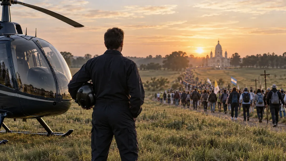 Piloto de espaldas junto a un helicóptero observa una peregrinación hacia una basílica