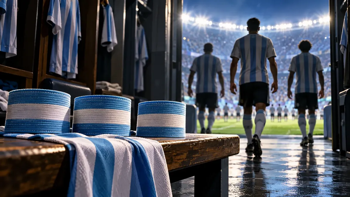 Ilustración de tres brazaletes celestes y blancos junto a futbolistas que entran a una cancha
