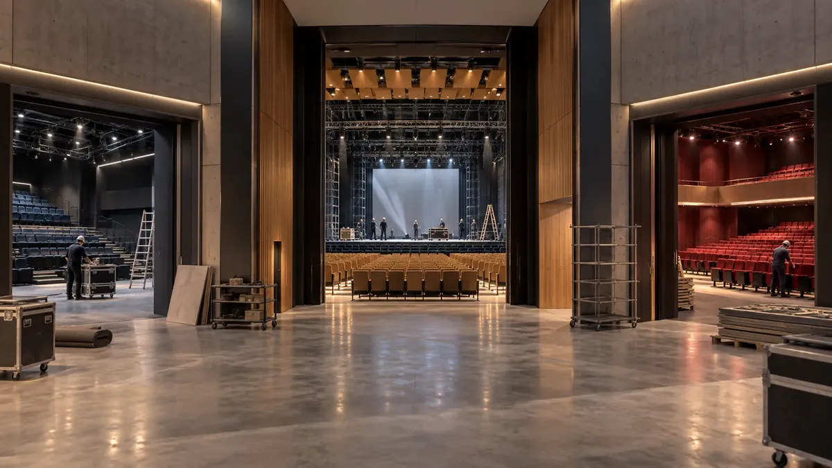 Ilustración del interior de un teatro histórico en restauración, con butacas rojas y escenario iluminado