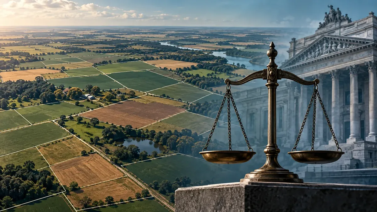 Ilustración de campos rurales, límites catastrales y una balanza frente a tribunales
