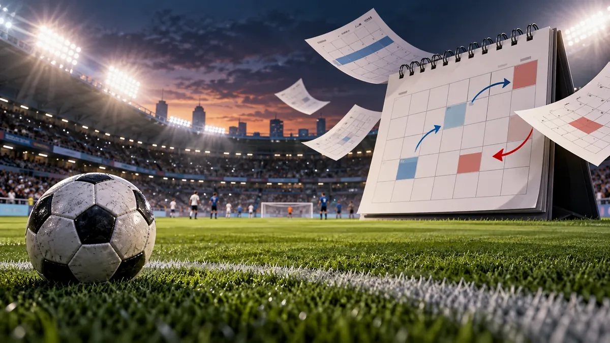 Pelota y calendario sobre el campo de un estadio de fútbol