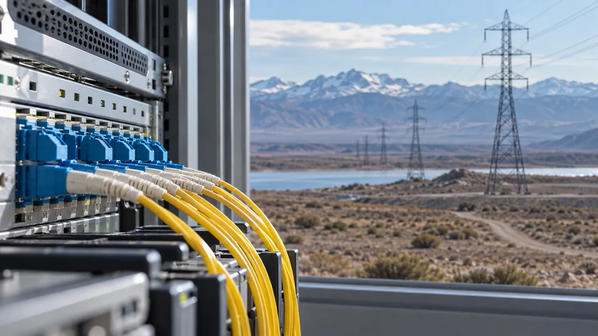 Equipos y conexiones de fibra óptica en una representación conceptual de infraestructura energética