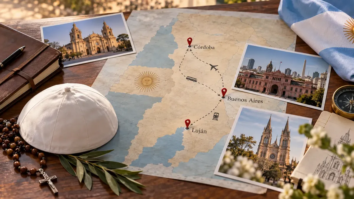 Ilustración de un mapa argentino, una mitra blanca y símbolos urbanos asociados a una visita papal